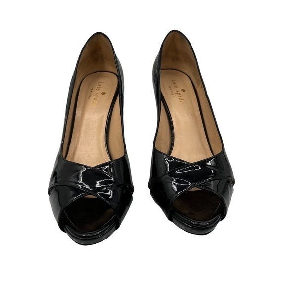 Kate Spade Black Patent Leather Peep Toe Heels Size 7 Women's - Picture 3 of 8